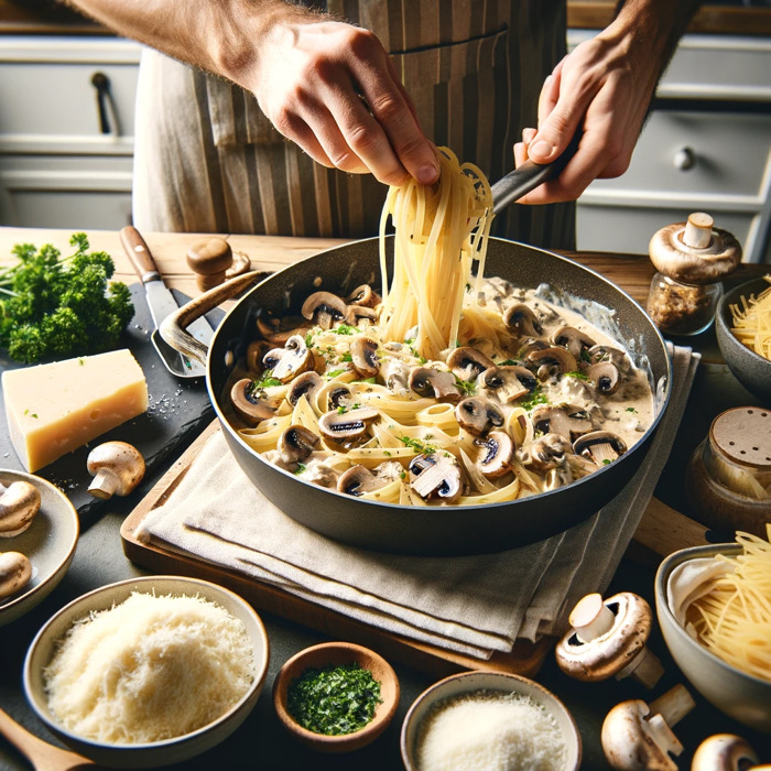 Preparing Creamy Garlic Mushroom Pasta