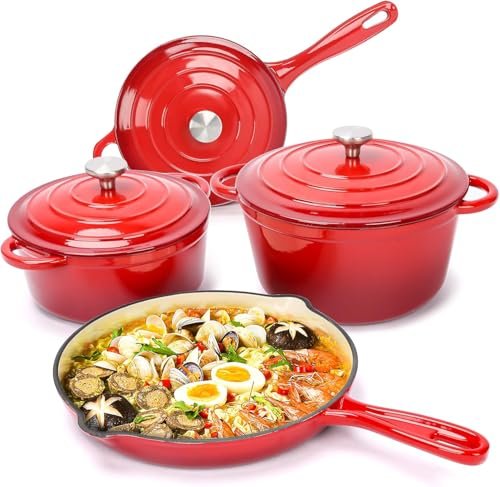 Hisencn Enameled Cast Iron Cookware Set - 7 Piece Red