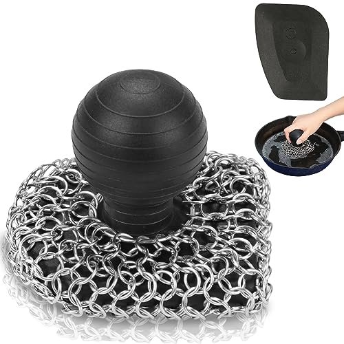 Cast Iron Scrubber with Pan Scraper, 316 Chainmail Scrubber