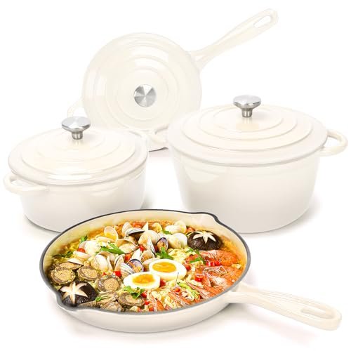 Hisencn Enameled Cast Iron Cookware Set - 7-Piece Cream...