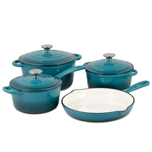 Basque Enameled Cast Iron Cookware Set, 7-Piece, Biscay Blue