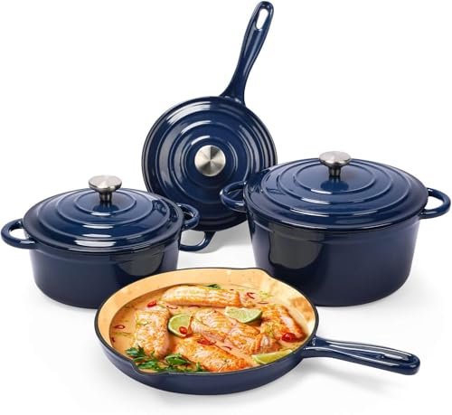 Hisencn Enameled Cast Iron Cookware Set - 7 Piece Navy