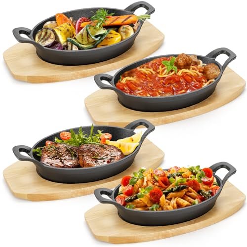 Mezchi 4 Pack Mini Cast Iron Fajita Skillet Set