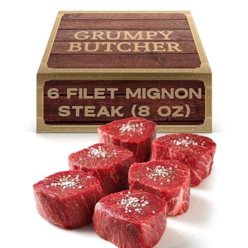 Grumpy Butcher Large Filet Mignon Steaks, 6 Pack 8 oz