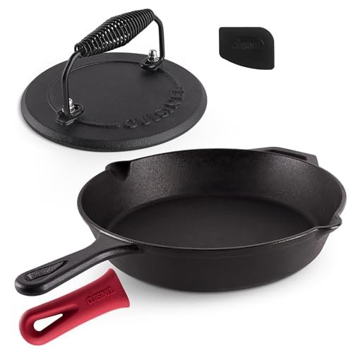 Cast Iron Skillet + Grill Press + Scraper Set