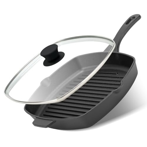 Northriver Casting 10.5 Inch Cast Iron Square Lidded Grill...