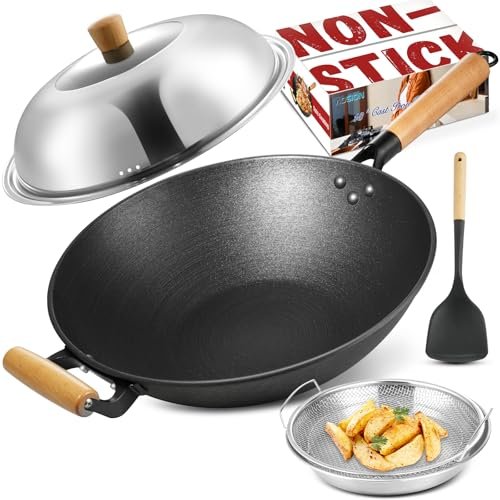 AOSION 13'' Nonstick Wok, Cast Iron Wok Set with Lid