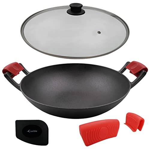 Crucible Cookware 14-Inch Cast Iron Wok Set with Glass Lid
