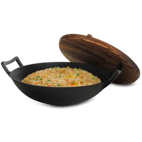 Megachef 14 Inch Pre-Seasoned Cast Iron Wok with Lid