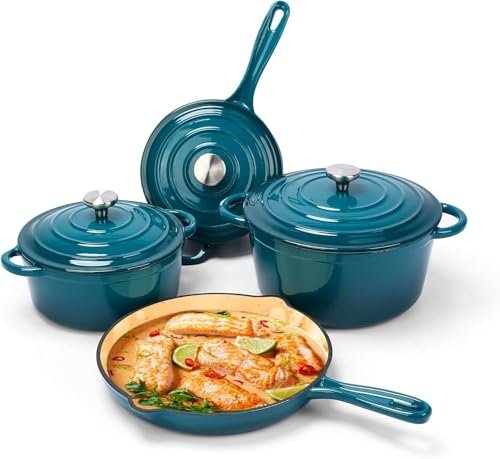 Hisencn Enameled Cast Iron Cookware Set - 7 Piece Teal
