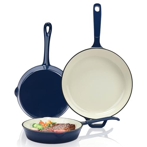 Hisencn Enameled Cast Iron Skillet Set - 3 Piece Ceramic