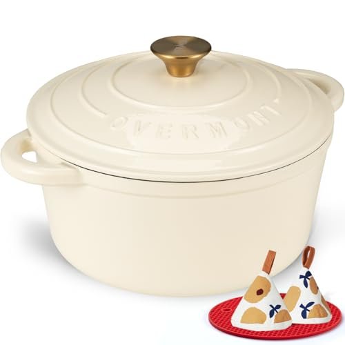 Overmont Enameled Cast Iron Dutch Oven - 5.5QT Cream White