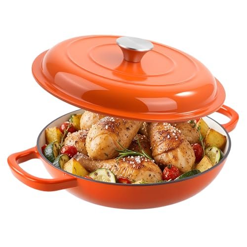 3 Quart Enameled Cast Iron Braiser, Non Stick Skillet Lid