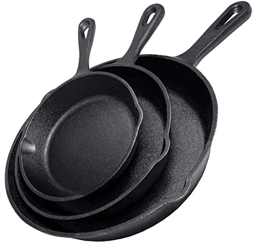 Simple Chef Cast Iron Skillet 3-Piece Set, Pre-Seasoned...