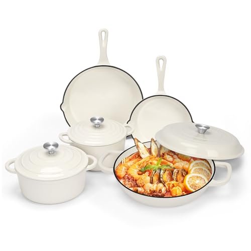 Nonstick Enameled Cast Iron Cookware Set - 8 Piece Cream