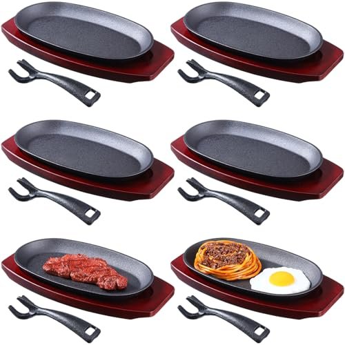6 Pieces Oval Cast Iron Fajita Skillet Pan Set