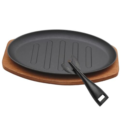 Cast Iron Steak Plate Sizzle Griddle, Round with Wooden Base