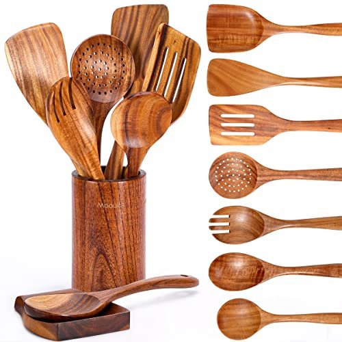 Mooues 9 Piece Natural Teak Wooden Kitchen Utensil Set