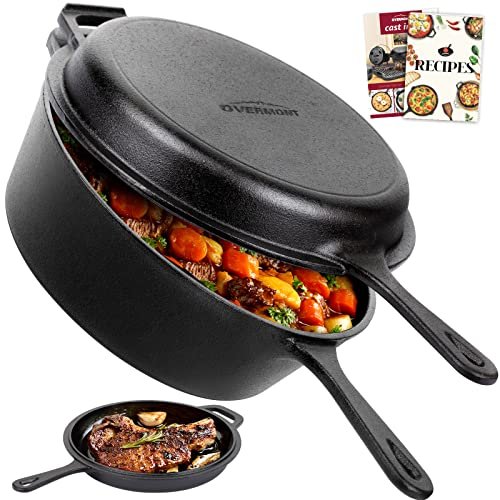Overmont Cast Iron Skillet with Lid - 2-in-1 Dutch Oven