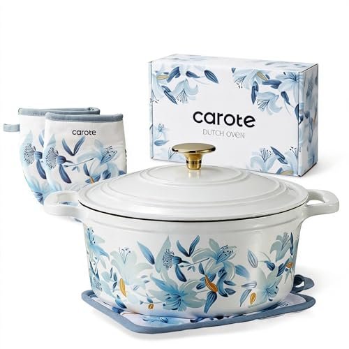 CAROTE 5 QT Cast Iron Dutch Oven with Floral Enamel