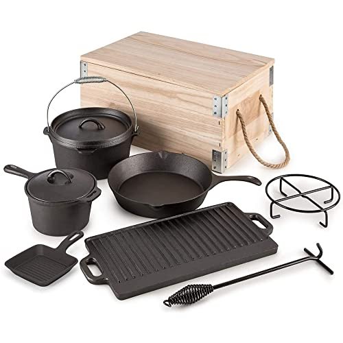 8 Piece Pre-Seasoned Dutch Oven Cooking Set with Cast Iron