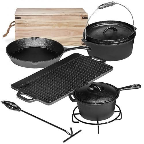 Bruntmor Camping Cooking Set Of 7. Pre-Seasoned Cast Iron