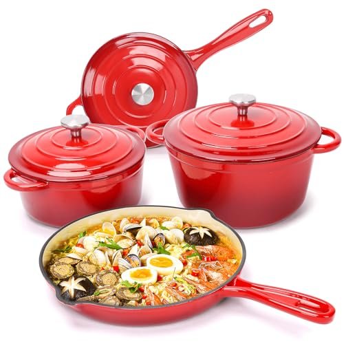 Hisencn Enameled Cast Iron Cookware Set - 7-Piece Red...