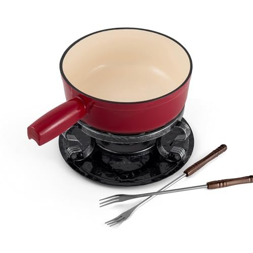 Swissmar Lugano Cast Iron Cheese Fondue Set, 9-Piece Cherry...