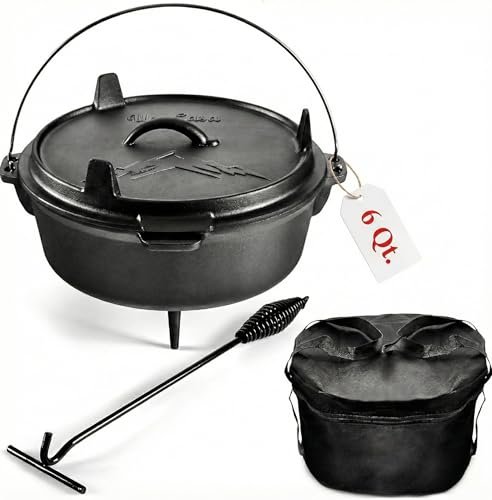 Uno Casa 6Qt Cast Iron Camping Dutch Oven with Accessories