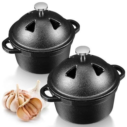 FoldTier 2 Pcs Garlic Roaster Baker Cast Iron Pot...