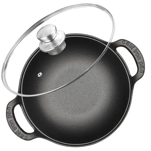 Firequasar Cast Iron Wok with Dual Handle, Wok with Lid