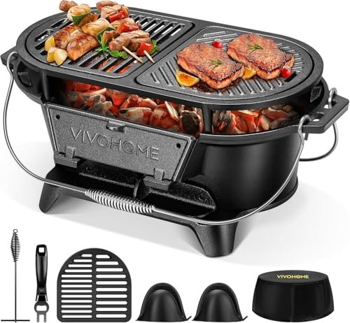 VIVOHOME Oval Cast Iron Grill with Interchangeable Grates...