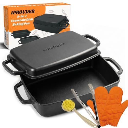 IPROUDER 2-in-1 Pre-Seasoned Cast Iron Casserole Dish with...