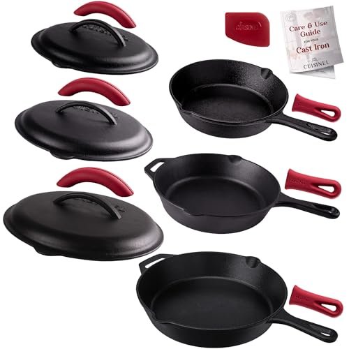 Cuisinel Cast Iron Skillets Set with Lids in Three Sizes