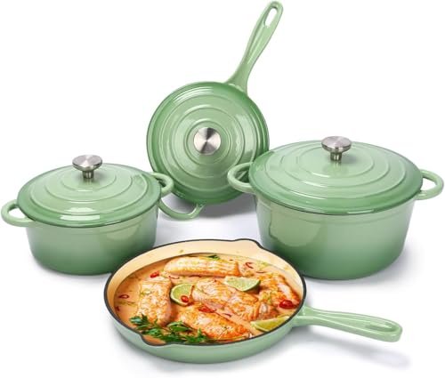 Hisencn Enameled Cast Iron Cookware Set - 7-Piece Pistachio...