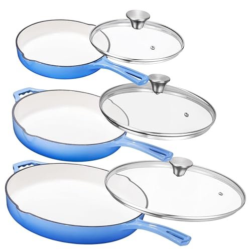 Bruntmor Enameled Cast Iron Frying Pan Set with Glass Lids