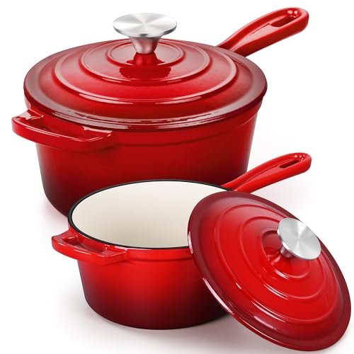 E-far Sauce Pan Set with Lid, 1Qt and 2Qt Enameled