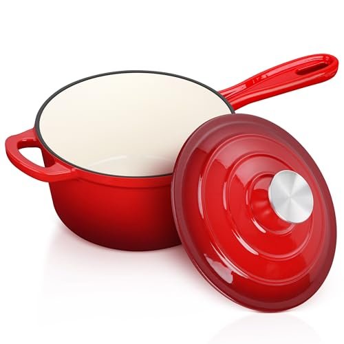 Enameled Cast Iron Sauce Pan with Lid, 2-Quart Red by
