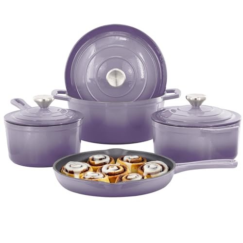 MegaChef 7 Piece Enameled Cast Iron Cookware Set in Purple