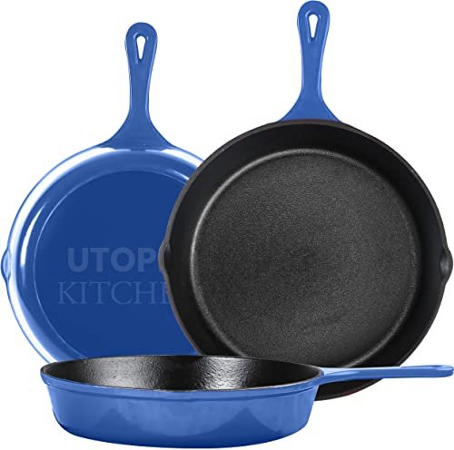 Utopia Kitchen Cast iron Skillets 3 Piece Set in Blue