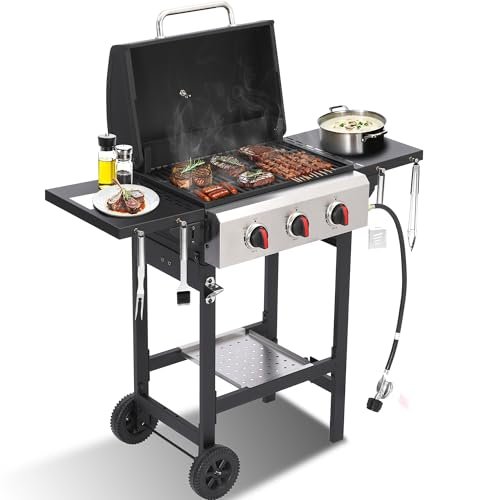 3-Burner Propane Gas Grill with Cast Iron Grates and 30,000