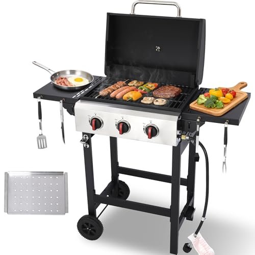LMNOCHM Propane Grill with Folding Side Tables, 3 Burners...