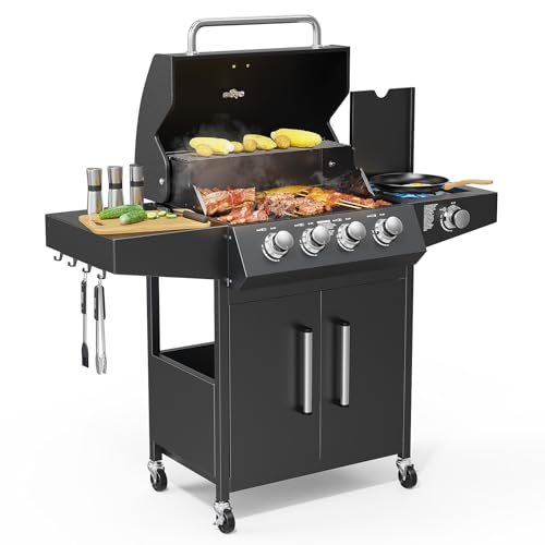 ROVSUN 4 Burner Propane Gas Grill with Side Burner and
