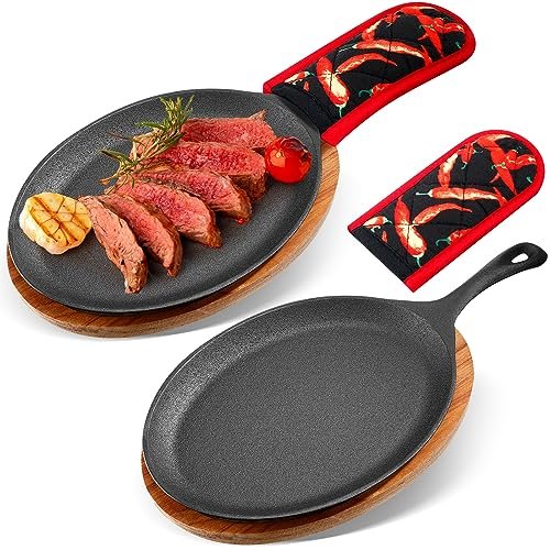Lallisa 2 Sets Cast Iron Fajita Plate with Wooden Tray