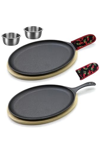 ZURRITO 2 x Cast Iron Fajita Plate Set with Wooden