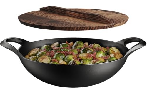 Bakken Pre-Seasoned Cast Iron Wok with Wooden Lid and Dual