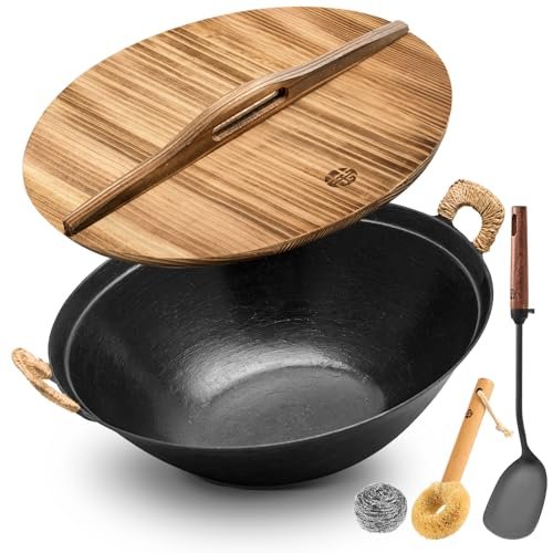 WANGYUANJI 14.2 Inch Cast Iron Wok with Wooden Lid and
