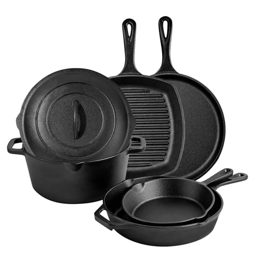 Asderote 6 Piece Pre-Seasoned Cast Iron Cookware Set with...