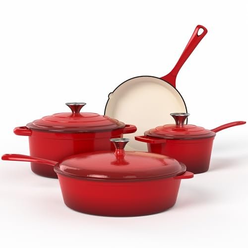 Kitchen Academy Enameled Cast Iron Cookware Sets - 7-Piece...