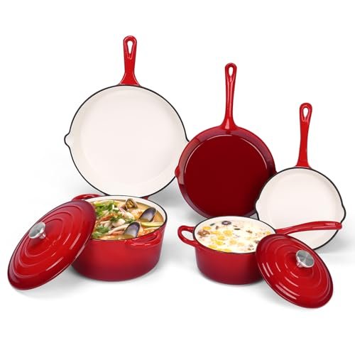 QuliMetal Nonstick Enameled Cast Iron Cookware Set, 5-Piece...